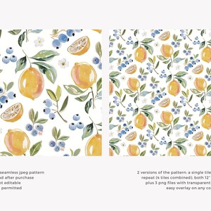 May include: Two watercolor patterns featuring lemons, blueberries, and leaves on a white background. One pattern is a single tile, and the other is a seamless repeat. The image includes text about the patterns, including the size of 12" x 12".