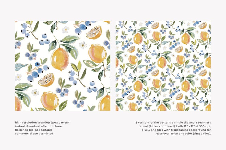 May include: Two watercolor patterns featuring lemons, blueberries, and leaves on a white background. One pattern is a single tile, and the other is a seamless repeat. The image includes text about the patterns, including the size of 12" x 12".