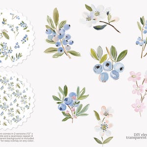 May include: Watercolor illustrations of blueberries, flowers, and leaves in shades of blue, white, and green. The image includes two scalloped-edge patterns and individual floral elements. The text reads "DIY elements | .png | transparent background."