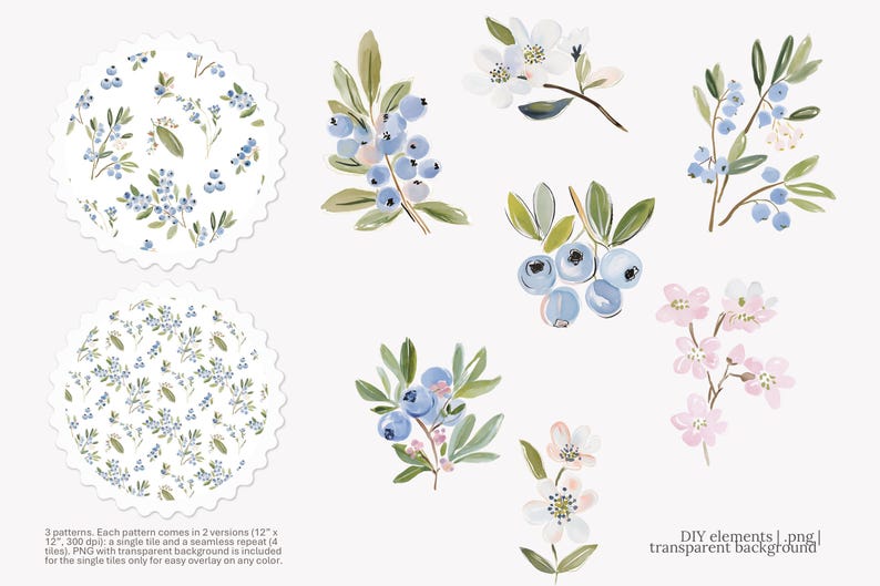 May include: Watercolor illustrations of blueberries, flowers, and leaves in shades of blue, white, and green. The image includes two scalloped-edge patterns and individual floral elements. The text reads "DIY elements | .png | transparent background."