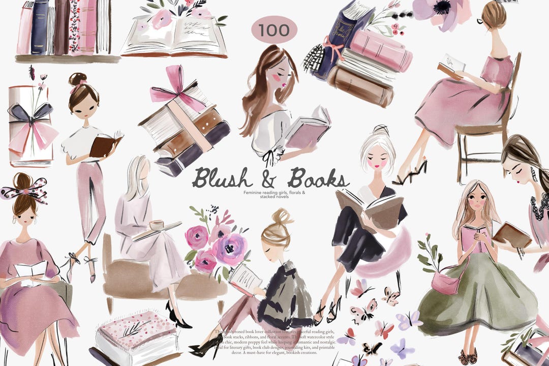 Blush Book Lover Clipart Bundle, Reading Girl Watercolor Png Set ...