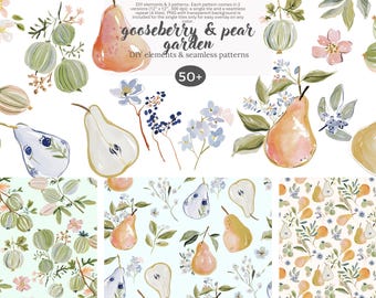 watercolor pear clipart set, gooseberry botanical elements, cottage garden fruit png, soft pastel floral clipart, seamless pattern bundle
