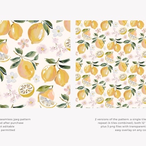 May include: Two seamless patterns featuring watercolor lemons, blossoms, and leaves on a cream background. One pattern shows a single tile, the other a seamless repeat. The image includes text about the pattern's resolution and use.