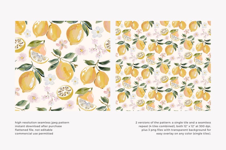 May include: Two seamless patterns featuring watercolor lemons, blossoms, and leaves on a cream background. One pattern shows a single tile, the other a seamless repeat. The image includes text about the pattern's resolution and use.