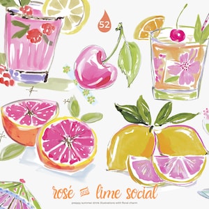 May include: Watercolour illustration of summer drinks and fruit. The image features cocktails, lemons, grapefruit, and cherries. The text "rose and lime social" is at the bottom. The style is preppy with floral charm.