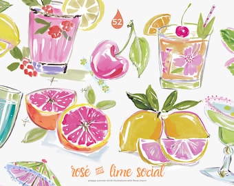 preppy cocktail watercolor clipart, pink citrus drink illustrations, summer party graphics, rosé and lime clip art, girly bar bundle