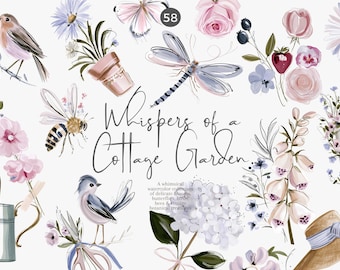 cottage garden watercolor clipart, shabby chic floral png bundle, vintage spring blooms, birds butterflies bees, commercial use