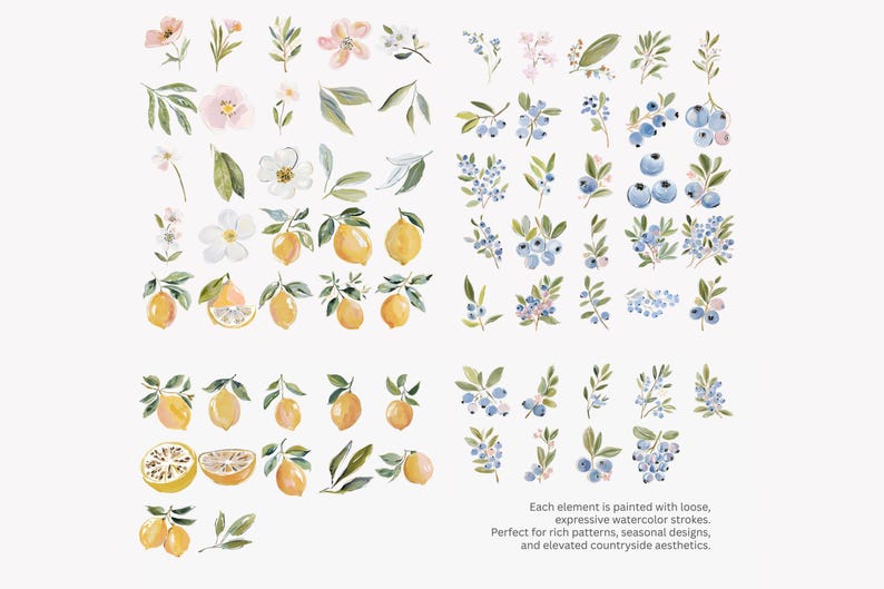 May include: Watercolor illustrations of lemons, blueberries, flowers, and leaves in various arrangements. The image includes text that reads: "Each element is painted with loose, expressive watercolor strokes. Perfect for rich patterns, seasonal designs, and elevated countryside aesthetics."