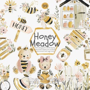 clipart-paket med honungsäng, vintage bi-plantskola png, grafik med nallebjörnshonungsburk, blommigt bigårdsset med cottagecore, babyshower-dekor