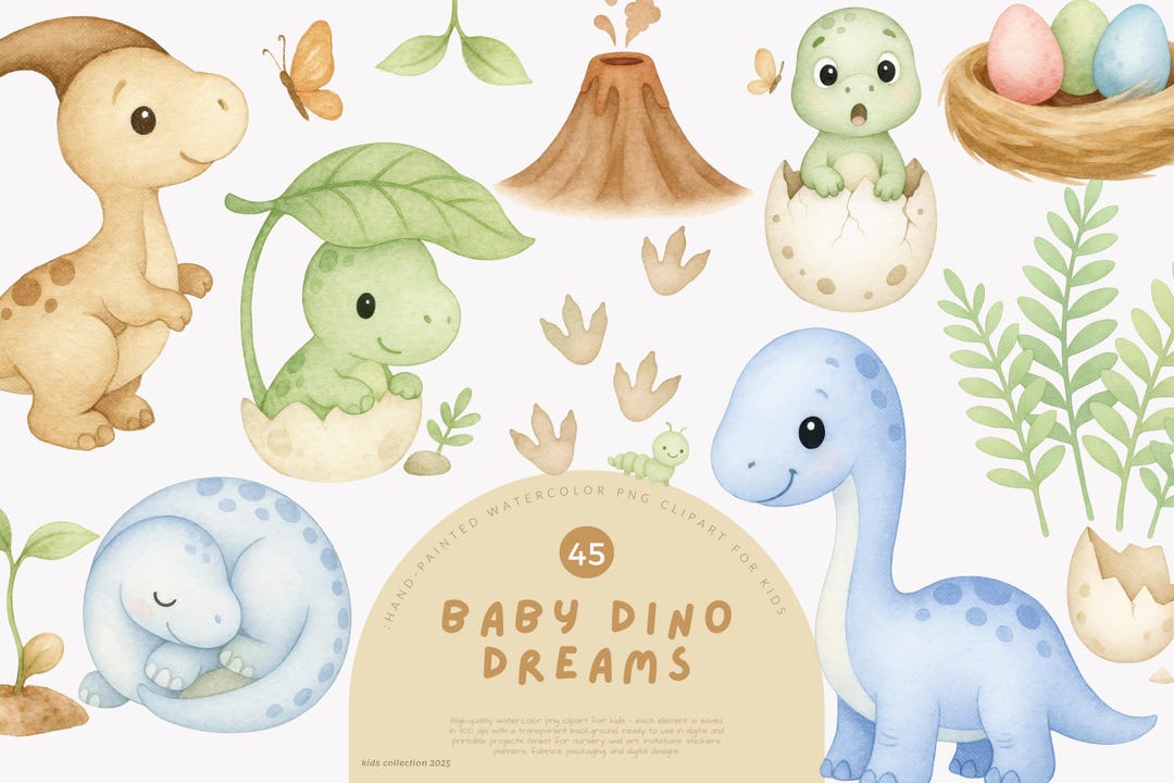 Baby Dino Clipart Watercolor Set, Cute Dinosaur Png for Kids, Nursery ...