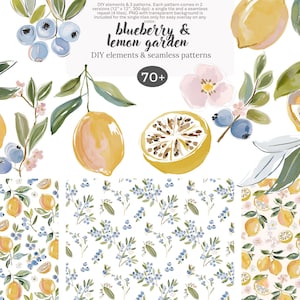 May include: Watercolor illustrations of lemons, blueberries, and floral elements. The image includes whole and sliced lemons, sprigs of blueberries, and delicate pink flowers. The text "blueberry & lemon garden" is visible.