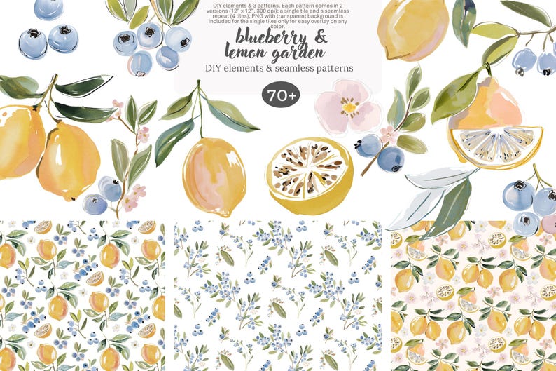 May include: Watercolor illustrations of lemons, blueberries, and floral elements. The image includes whole and sliced lemons, sprigs of blueberries, and delicate pink flowers. The text "blueberry & lemon garden" is visible.