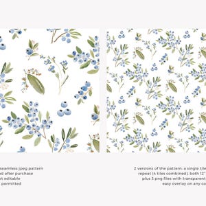 May include: Two watercolor patterns featuring blue blueberries, green leaves, and delicate white flowers on a white background. The image includes text describing the patterns as high-resolution seamless JPEG files, available for instant download. The patterns are 12" x 12".