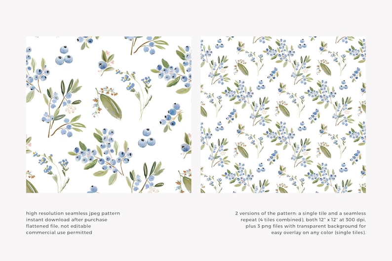 May include: Two watercolor patterns featuring blue blueberries, green leaves, and delicate white flowers on a white background. The image includes text describing the patterns as high-resolution seamless JPEG files, available for instant download. The patterns are 12" x 12".