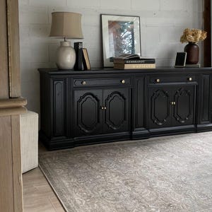 Oversized Black Dresser with Gold Hardware – Vintage-Inspired 2 Drawer Chest | Bedroom Storage, Refinished Farmhouse Dresser