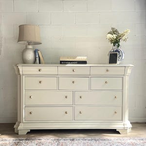 Oversized Cream Dresser with Gold Hardware – Vintage-Inspired 10 Drawer Chest | Bedroom Storage, Refinished Farmhouse Dresser