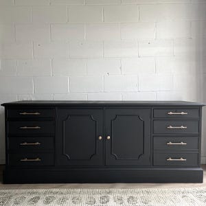 Oversized Black Solid Wood Sideboard | Vintage Buffet Dresser w/ Brass Hardware | Colonial-Federal Style| Heritage Revival by Bradbury & Co.
