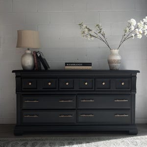 Black Fluted Front Dresser Buffet Sideboard – 9 Drawer Vintage Hepplewhite Style Credenza in Satin Black with Gold Hardware | Bradbury & Co.