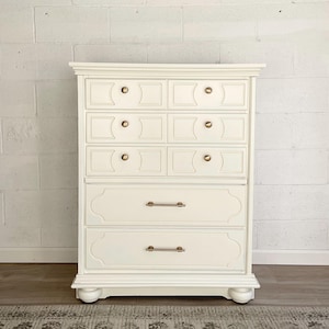 SOLD! SOLD! Cream Tall Dresser | 7-Drawer Highboy w/ Brass Hardware | Refinished Solid Wood Chest | Elegant Bedroom Storage | Bradbury & Co.