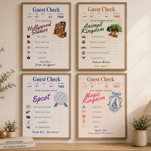 Disney-geïnspireerde gastenbonnen muurdecoratiepakket | Set van 4 parkprints | Magic Kingdom, Epcot, Hollywood Studios & Animal Kingdom | Digitale download