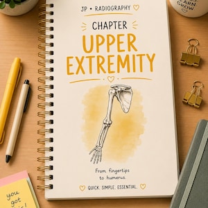Könnte beinhalten: Ein spiralgebundenes Notizbuch mit cremefarbenem Einband und dem Text JP RADIOGRAPHY, CHAPTER UPPER EXTREMITY, From fingertips to humerus sowie QUICK. SIMPLE. ESSENTIAL. Eine zentrale Illustration zeigt ein menschliches Armskelett auf gelbem Aquarell.