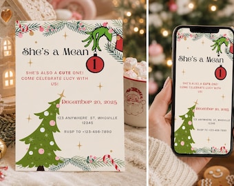 Op de afbeelding: Een rechthoekige uitnodigingskaart en een smartphonescherm met een kerstontwerp, een groene hand die een rode kerstbal vasthoudt, een groene boom en de tekst She's a Mean, She's also a CUTE one! Come celebrate Lucy with us! 20 december 2025.