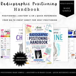 Puede incluir: Un manual de posicionamiento radiográfico con encuadernación en espiral que presenta ilustraciones coloridas dibujadas a mano de anatomía esquelética, iconos médicos e imágenes de rayos X. La portada incluye el texto Radiographic Positioning Handbook.