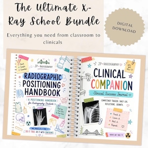 May include: A digital download bundle titled The Ultimate X-Ray School Bundle featuring two spiral-bound books: Radiographic Positioning Handbook and Clinical Companion. The pages contain colorful hand-drawn illustrations, X-ray images, and text.