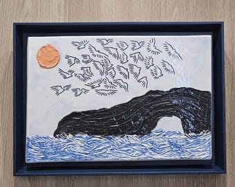 Flying Past the Sea Arch – Framed Ceramic Relief, One-of-a-Kind Inlaid Porcelain Art