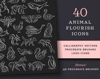 Animal Flourish Vector Icons and Procreate Brushes | Calligraphy Flourish Logo Designs | Vintage Hand Drawn Branding | iPad Stamp Brushes