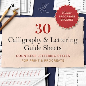 30 Calligraphy & Lettering Guides for Print and Procreate | Printable Calligraphy Guides | iPad Lettering Practice Sheets
