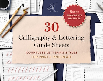 30 Calligraphy & Lettering Guides for Print and Procreate | Printable Calligraphy Guides | iPad Lettering Practice Sheets