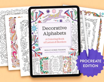 Decorative Alphabets Procreate Coloring Book | Learn Hand Lettering and Relax | iPad Coloring Pages | Digital Practice Sheets Color to Learn