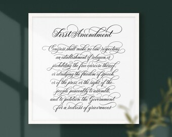 First Amendment Calligraphy Print – DIGITAL DOWNLOAD – US Constitution Printable Poster – Black and White Wall Art, Square Print