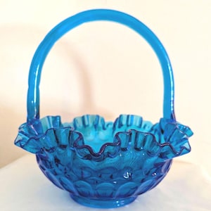 Vintage Fenton Colonial Blue Thumbprint Art Glass Basket - 8&quot; Ruffled