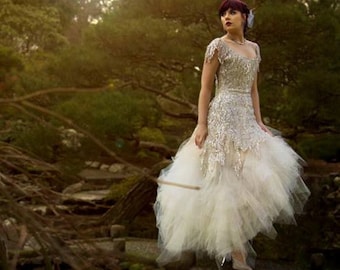 Sequin Ruffle Tulle Wedding gown, Made from Vintage Flapper Style Dress.