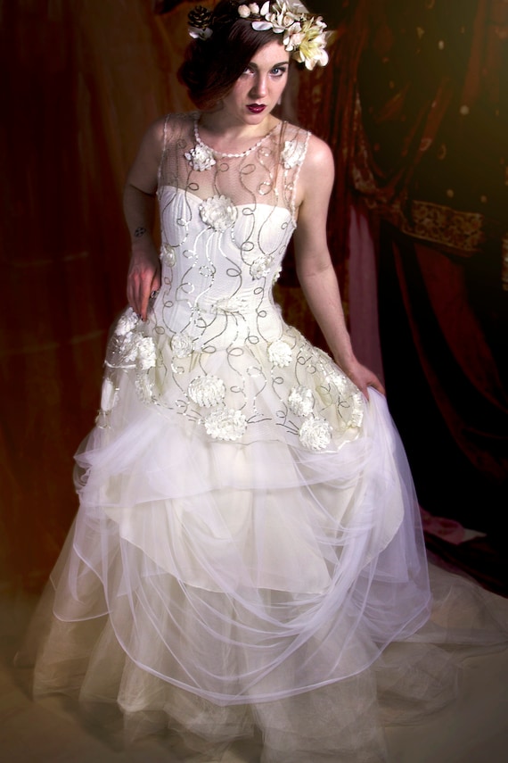 Layered Corsetted Tulle Wedding Dress With Flowers And Sequins Etsy