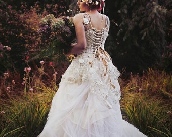 Layered Corsetted Tulle Wedding Dress with Flowers and Sequins