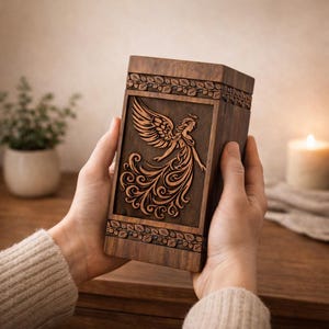 Op de afbeelding: Een houten kist met een engelenbeeld. De kist wordt door twee handen vastgehouden. De engel heeft grote vleugels en een vloeiende jurk. De kist is bruin met een rechthoekig frame rond de engel en bladeren.