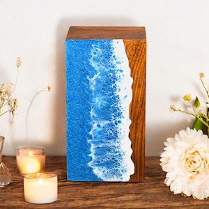 Handcrafted Rosewood Urn Box with Ocean Wave Design Cremation urn box costal memorial urn for premium display