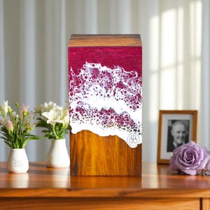 Handcrafted Rosewood Urn Box with Ocean Wave Design | Premium Memorial Keepsake