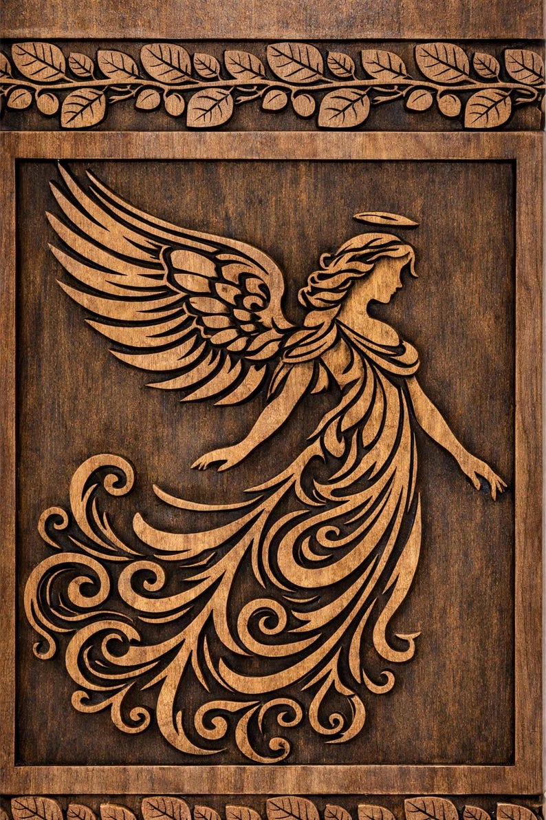 Op de afbeelding: Houten wandkunst met een gedetailleerd reli&euml;fsnijwerk van een engel met uitgespreide vleugels en een vloeiende jurk. De engel wordt omgeven door een decoratieve rand van bladeren en wijnranken, in bruintinten.