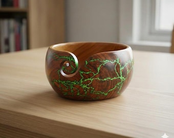Handmade Wooden Yarn Bowl with Green Resin Inlay | Rosewood Crochet Bowl | Knitting Bowl Holder | Gift for Knitters & Crocheters