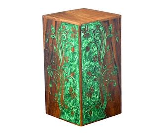 Green Floral Resin Urn Box – Double-Sided Handmade Wooden Cremation Urn for Human Ashes – Personalized Memorial Keepsake