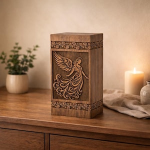 Op de afbeelding: Een houten urn met een engelenbeeld. De rechthoekige urn is gemaakt van donker hout en heeft een gedetailleerde reli&euml;fsnede van een engel met uitgespreide vleugels. De boven- en onderkant van de urn zijn versierd met een bladerpatroon.