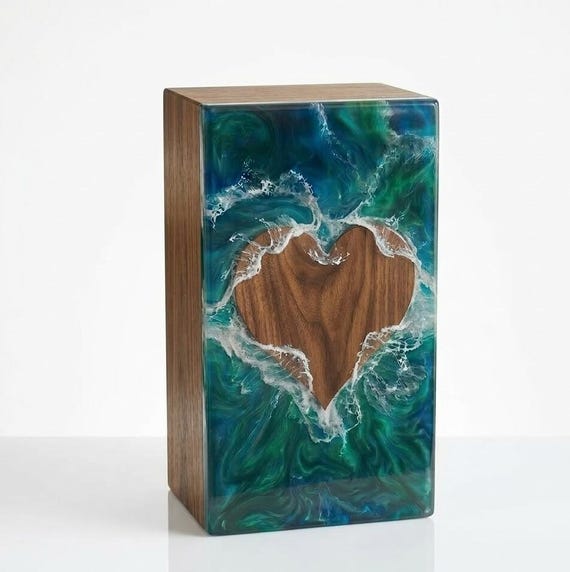 Ocean Resin Wooden Urn Box, Heart Memorial Keepsake Ashes Urn, Sympathy Gift