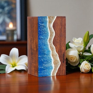 Handcrafted Rosewood Urn Box with Ocean Wave Design | Premium Memorial Keepsake
