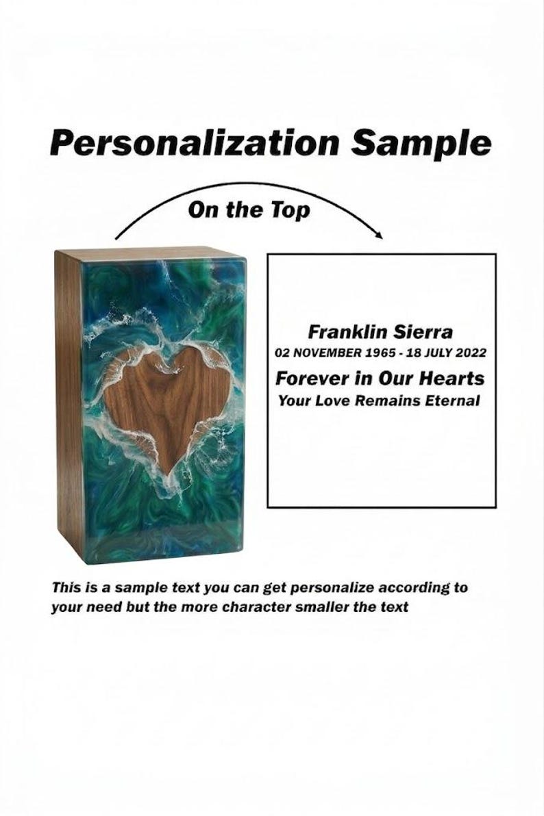 May include: A wooden box with a heart-shaped cutout, filled with a blue and green resin design. The text reads "Personalization Sample" and "On the Top". The box has the name "Franklin Sierra" and dates.