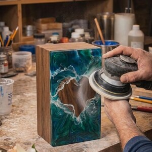 May include: A wooden box with a heart-shaped cutout, featuring a blue and green resin design resembling ocean waves. The box is being sanded with a power sander, highlighting the craftsmanship and artistic detail.