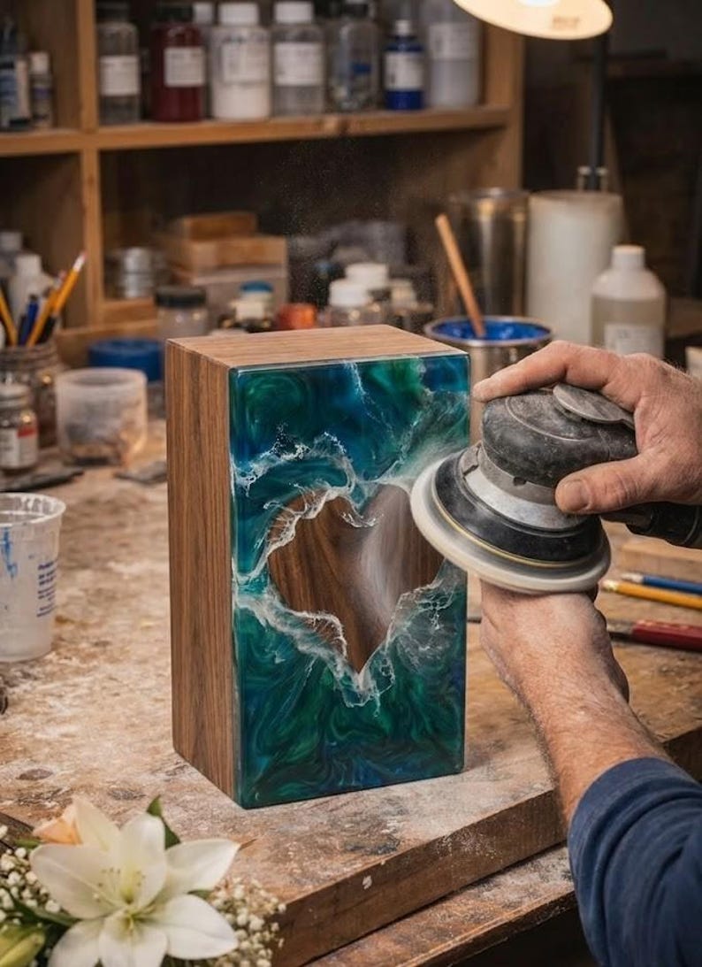 May include: A wooden box with a heart-shaped cutout, featuring a blue and green resin design resembling ocean waves. The box is being sanded with a power sander, highlighting the craftsmanship and artistic detail.